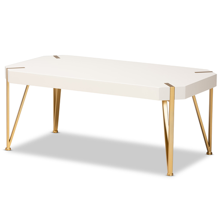 BAXTON STUDIO Kassa Contemporary Glam and Luxe Brushed Gold Metal and White Finished Wood Coffee Table 181-11312-Zoro